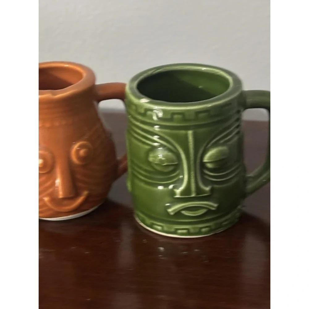 Vintage 4Pc Miniature Tiki Mask Face Mugs Shot Glasses Planters Holders